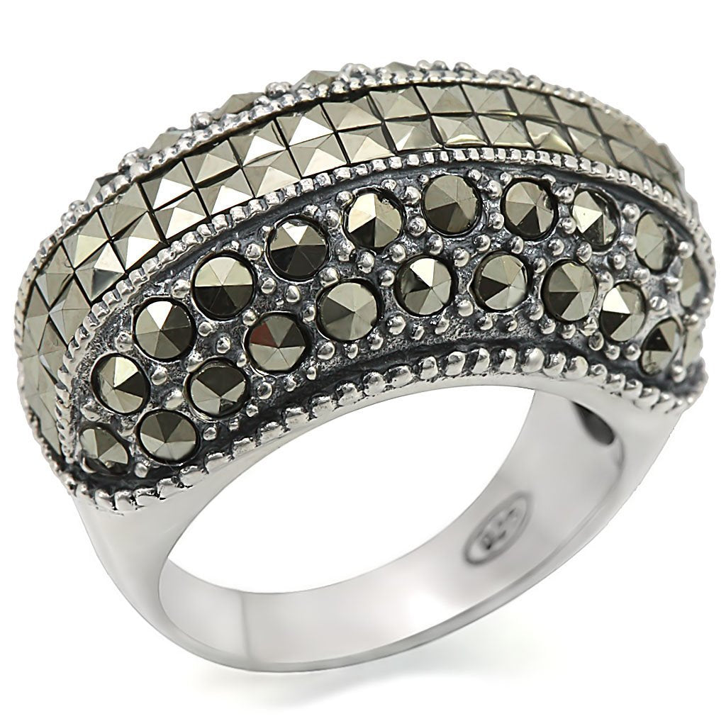 LOS466 - Antique Tone 925 Sterling Silver Ring with Synthetic Marcasite in Black Diamond-0