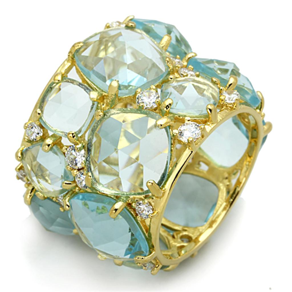 LOS766 - Gold 925 Sterling Silver Ring with Synthetic Synthetic Glass in Sea Blue-0