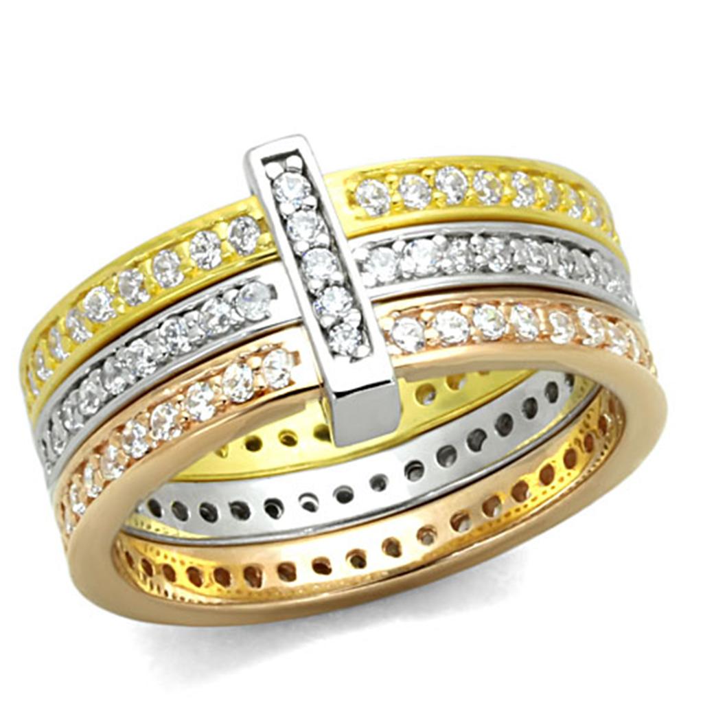 LOS811 - Rhodium + Gold + Rose Gold 925 Sterling Silver Ring with AAA Grade CZ  in Clear-0