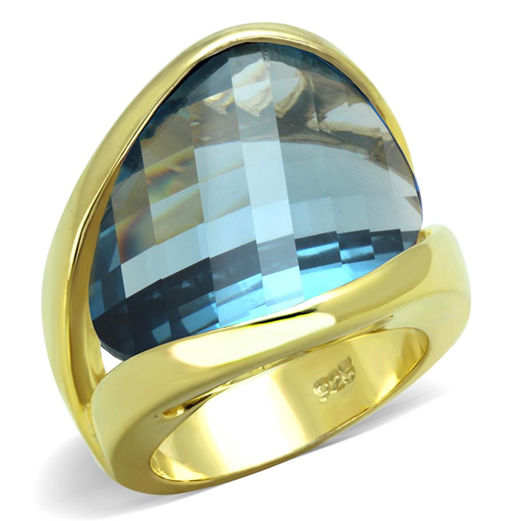 LOS826 - Gold 925 Sterling Silver Ring with Synthetic Synthetic Glass in Sea Blue-0