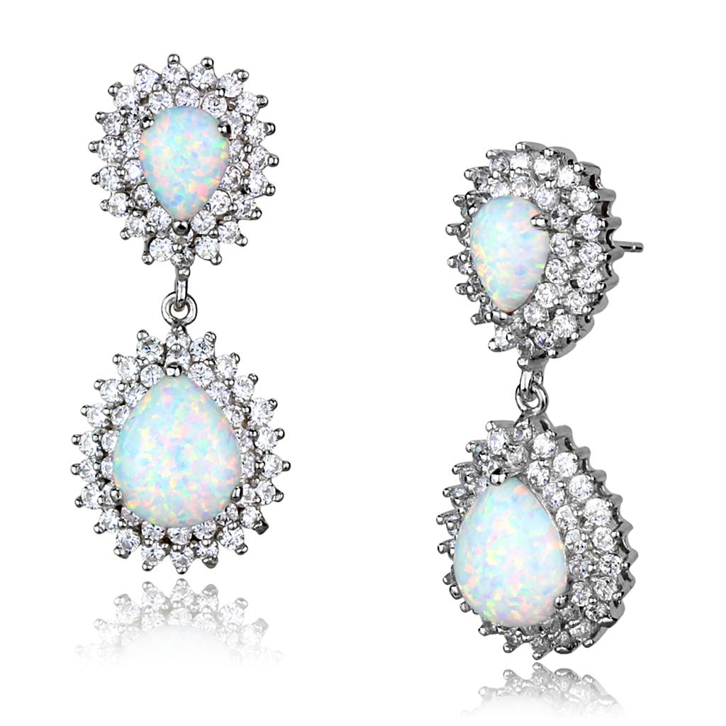 LOS879 - Rhodium 925 Sterling Silver Earrings with Semi-Precious Opal in Aurora Borealis (Rainbow Effect)-0