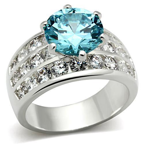 SS010 - Silver 925 Sterling Silver Ring with AAA Grade CZ  in Sea Blue-0