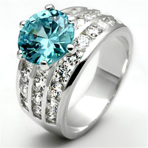 SS010 - Silver 925 Sterling Silver Ring with AAA Grade CZ  in Sea Blue-2