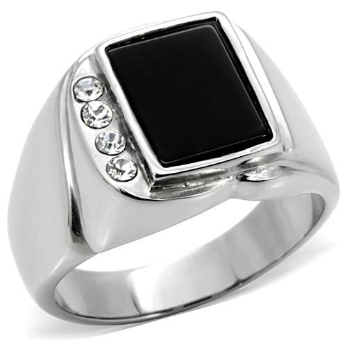 TK02225 - High polished (no plating) Stainless Steel Ring with Semi-Precious Agate in Jet-0