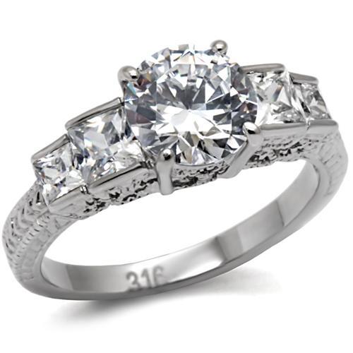 TK057 - High polished (no plating) Stainless Steel Ring with AAA Grade CZ  in Clear-0