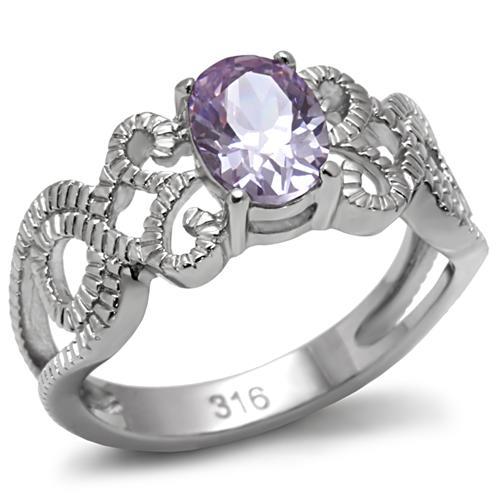 TK079 - High polished (no plating) Stainless Steel Ring with AAA Grade CZ  in Light Amethyst-0