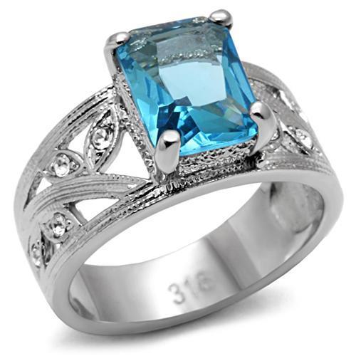 TK081 - High polished (no plating) Stainless Steel Ring with Synthetic Synthetic Glass in Sea Blue-0