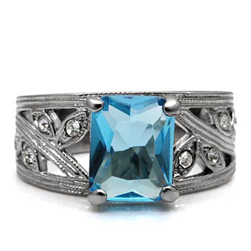 TK081 - High polished (no plating) Stainless Steel Ring with Synthetic Synthetic Glass in Sea Blue-2