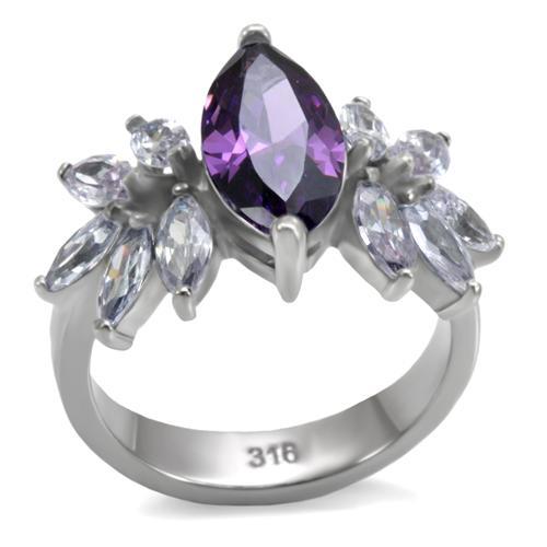 TK085 - High polished (no plating) Stainless Steel Ring with AAA Grade CZ  in Amethyst-0