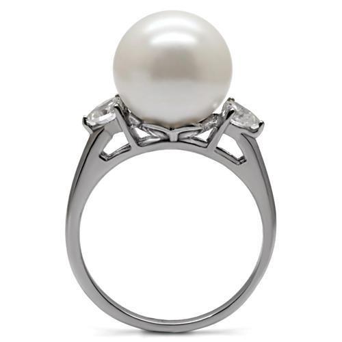 TK090 - High polished (no plating) Stainless Steel Ring with Synthetic Pearl in Aurora Borealis (Rainbow Effect)-3