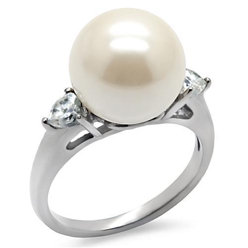 TK090 - High polished (no plating) Stainless Steel Ring with Synthetic Pearl in Aurora Borealis (Rainbow Effect)-0