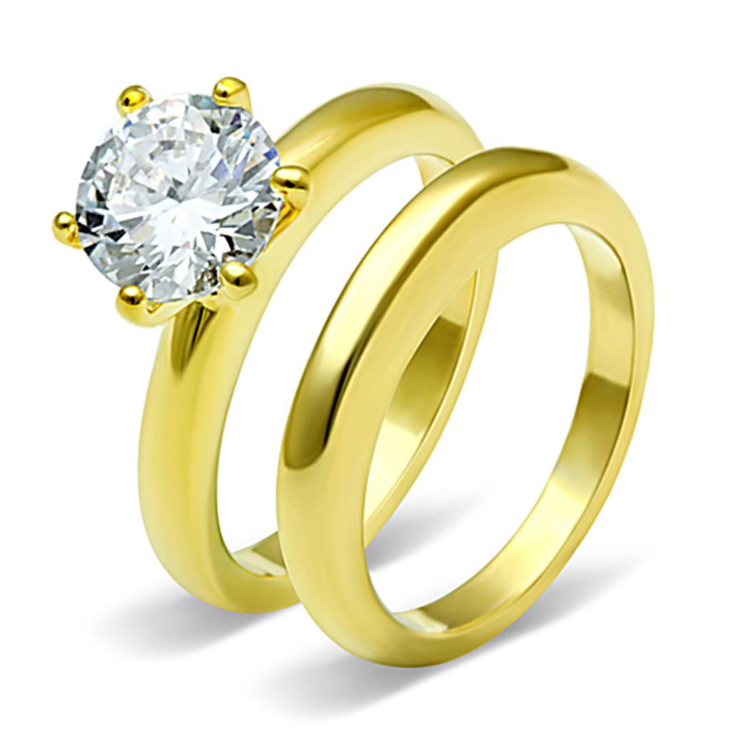 TK097G - IP Gold(Ion Plating) Stainless Steel Ring with AAA Grade CZ  in Clear-0