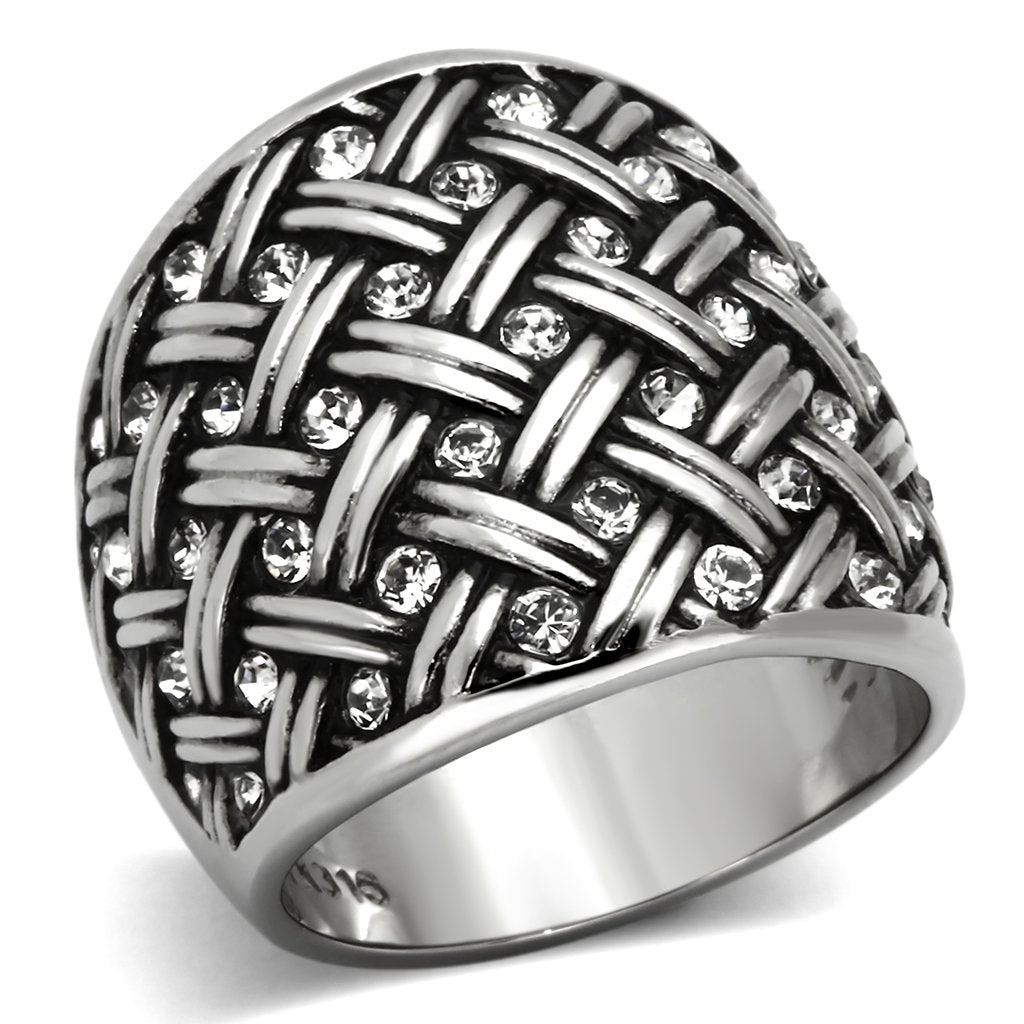 TK1007 - High polished (no plating) Stainless Steel Ring with Top Grade Crystal  in Clear-0