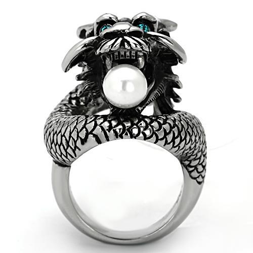 TK1014 - High polished (no plating) Stainless Steel Ring with Synthetic Pearl in White-2