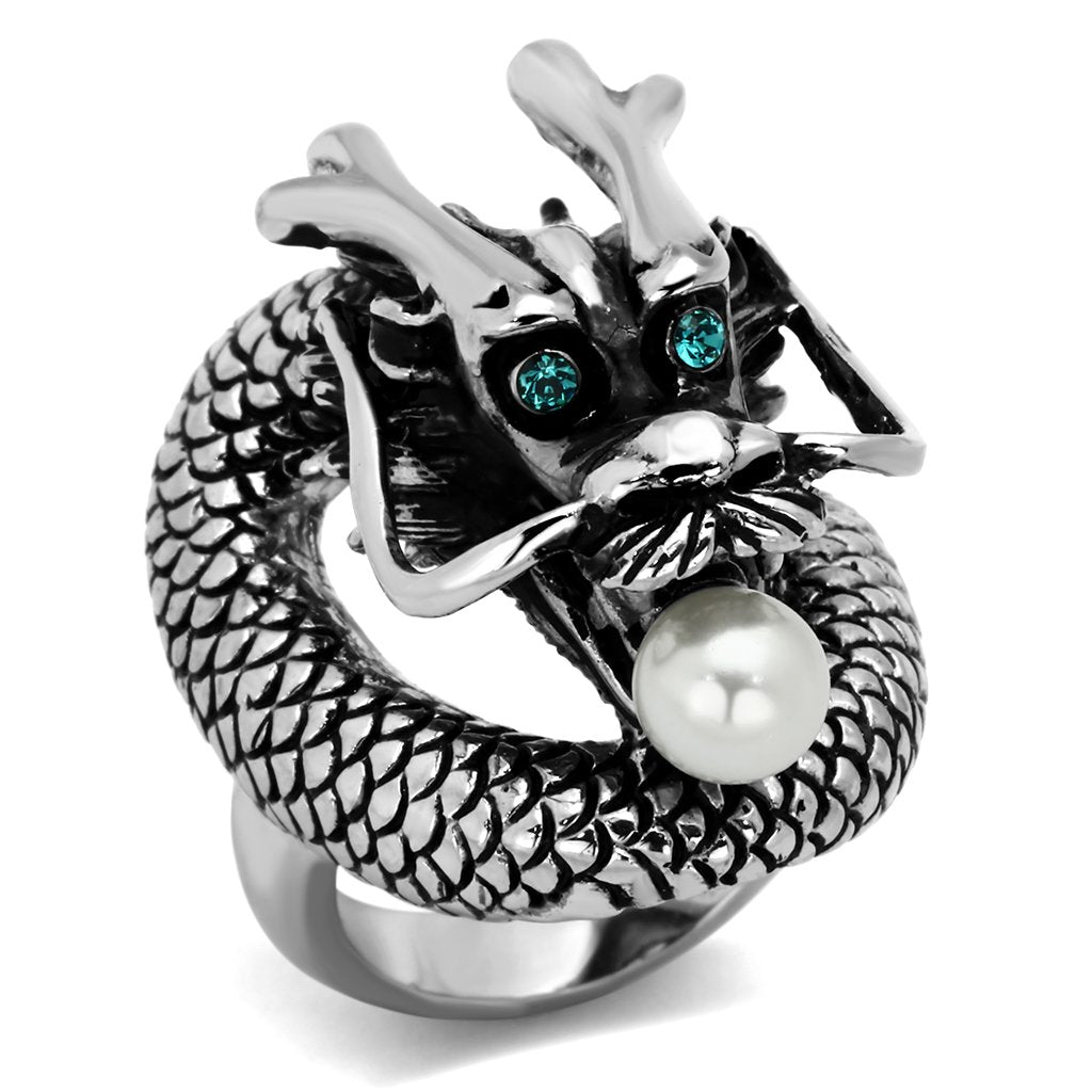 TK1014 - High polished (no plating) Stainless Steel Ring with Synthetic Pearl in White-0