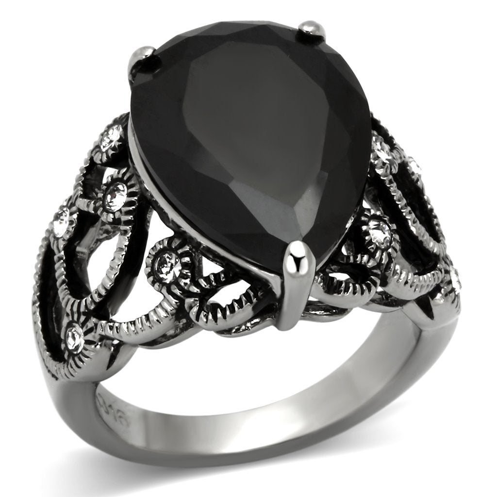 TK1017 - High polished (no plating) Stainless Steel Ring with AAA Grade CZ  in Jet-0