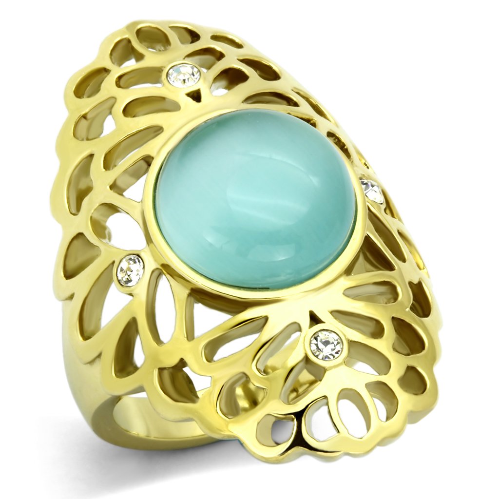 TK1029 - IP Gold(Ion Plating) Stainless Steel Ring with Synthetic Cat Eye in Light Sapphire-0