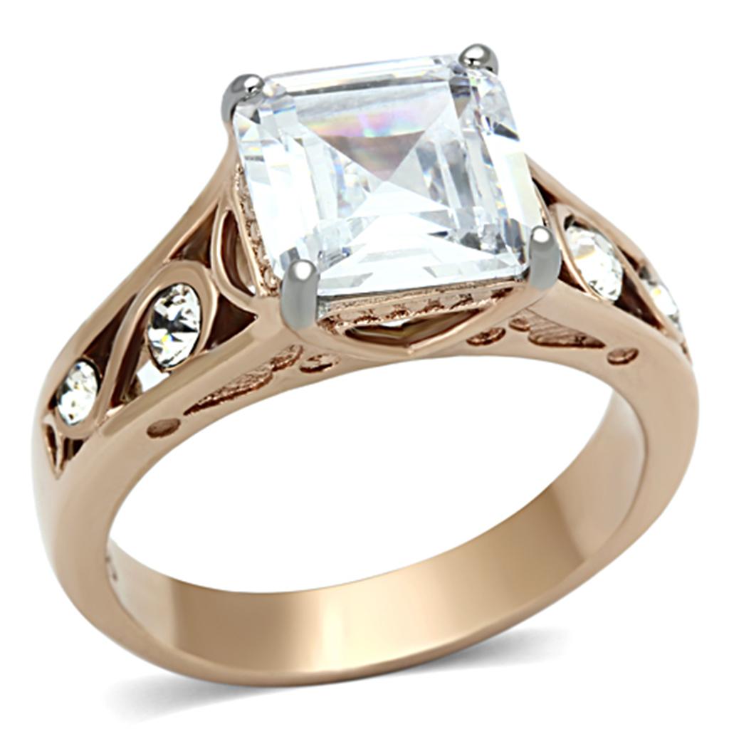 TK1059 - Two-Tone IP Rose Gold Stainless Steel Ring with AAA Grade CZ  in Clear-0
