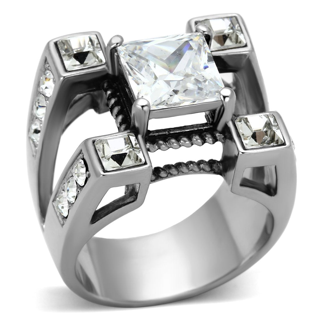 TK1072 - High polished (no plating) Stainless Steel Ring with AAA Grade CZ  in Clear-0