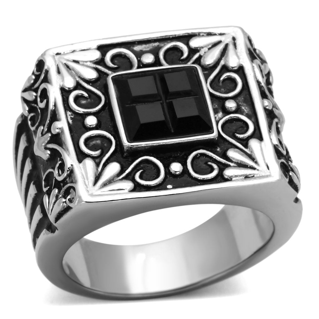 TK1074 - High polished (no plating) Stainless Steel Ring with Synthetic Synthetic Glass in Jet-0