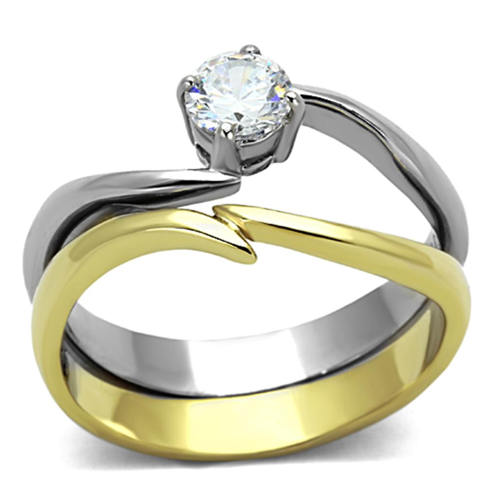 TK1092 - Two-Tone IP Gold (Ion Plating) Stainless Steel Ring with AAA Grade CZ  in Clear-0