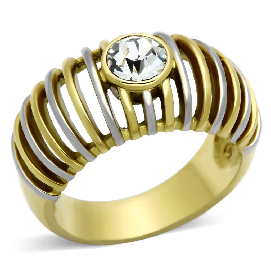 TK1095 - Two-Tone IP Gold (Ion Plating) Stainless Steel Ring with Top Grade Crystal  in Clear-0