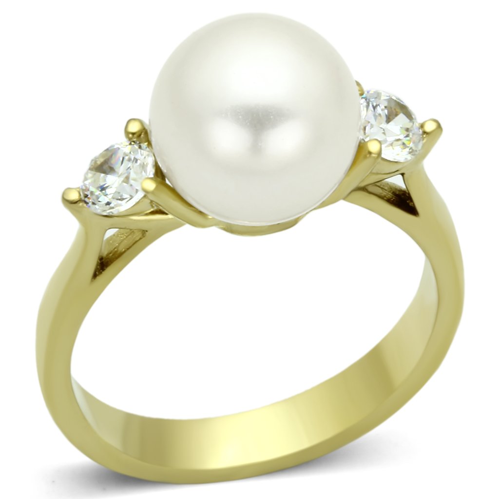 TK1103 - IP Gold(Ion Plating) Stainless Steel Ring with Synthetic Pearl in White-0