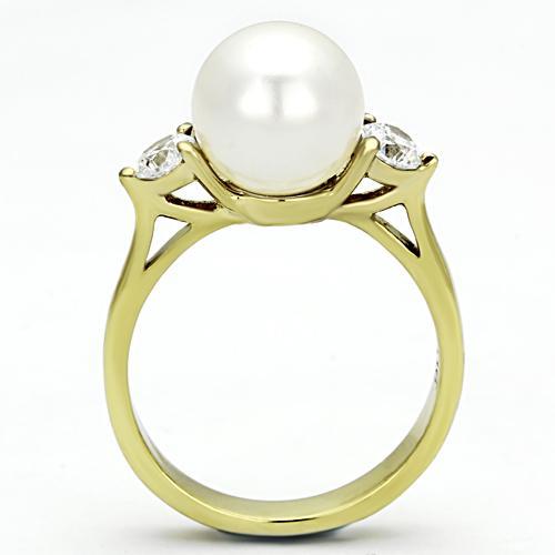 TK1103 - IP Gold(Ion Plating) Stainless Steel Ring with Synthetic Pearl in White-2