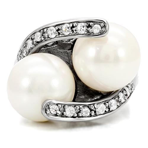 TK113 - High polished (no plating) Stainless Steel Ring with Synthetic Pearl in White-2