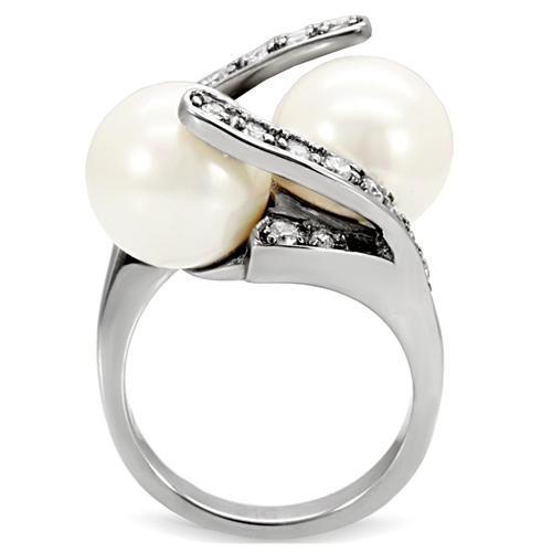 TK113 - High polished (no plating) Stainless Steel Ring with Synthetic Pearl in White-3