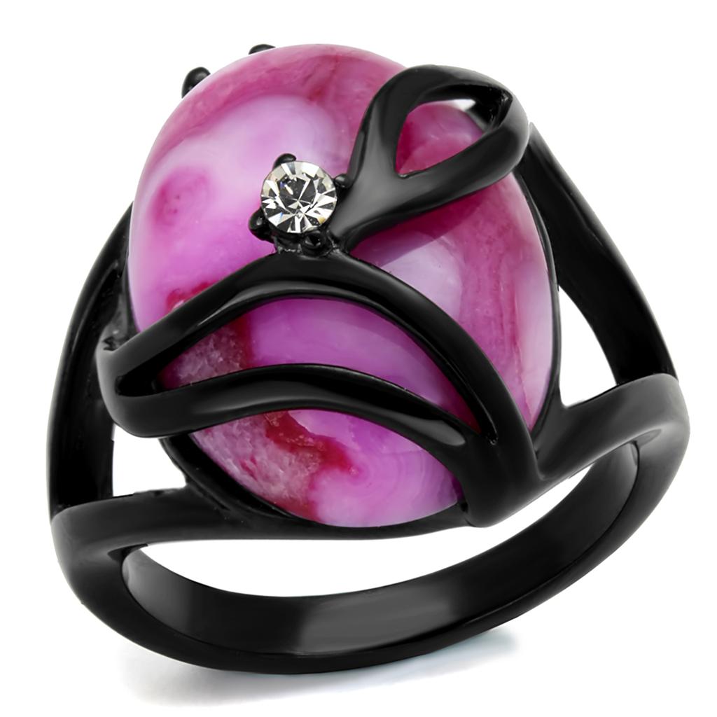 TK1144J - IP Black(Ion Plating) Stainless Steel Ring with Synthetic Cat Eye in Fuchsia-0