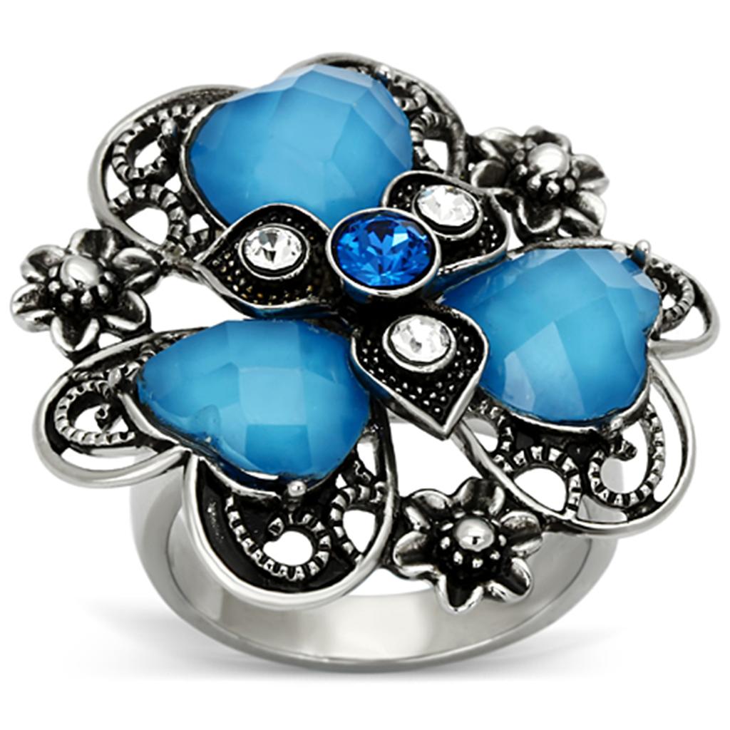 TK1149 - High polished (no plating) Stainless Steel Ring with Synthetic Synthetic Stone in Sea Blue-0