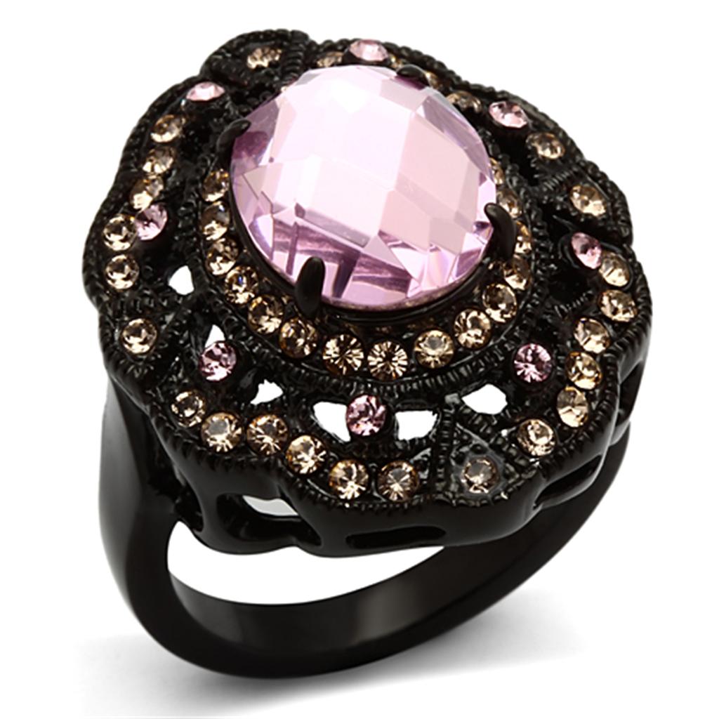 LOTK1154 - IP Black(Ion Plating) Stainless Steel Ring with Top Grade Crystal  in Light Rose-0