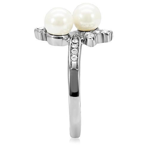 TK116 - High polished (no plating) Stainless Steel Ring with Synthetic Pearl in White-4