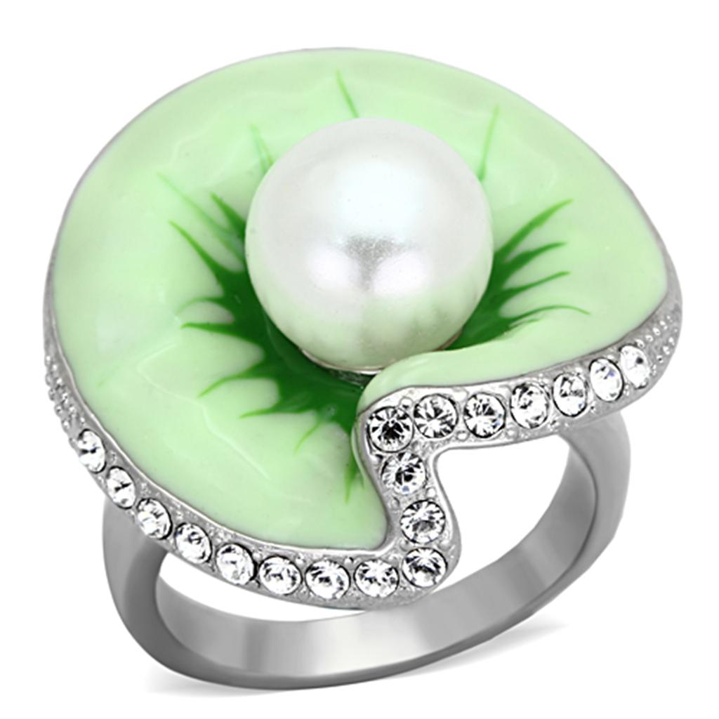 TK1171 - High polished (no plating) Stainless Steel Ring with Synthetic Pearl in White-0