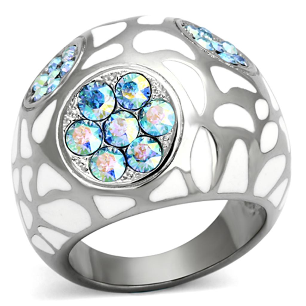 TK1172 - High polished (no plating) Stainless Steel Ring with Top Grade Crystal  in Aquamarine AB-0