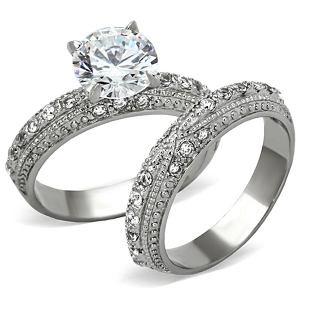 TK1228 - High polished (no plating) Stainless Steel Ring with AAA Grade CZ  in Clear-0
