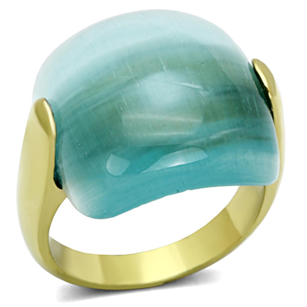 TK1237 - IP Gold(Ion Plating) Stainless Steel Ring with Synthetic Cat Eye in Sea Blue-0