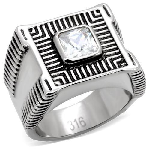 TK123 - High polished (no plating) Stainless Steel Ring with AAA Grade CZ  in Clear-0