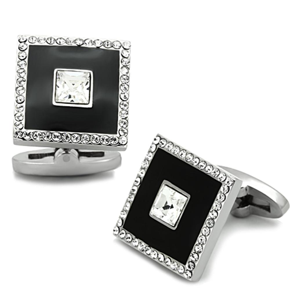 TK1242 - High polished (no plating) Stainless Steel Cufflink with Top Grade Crystal  in Clear-0