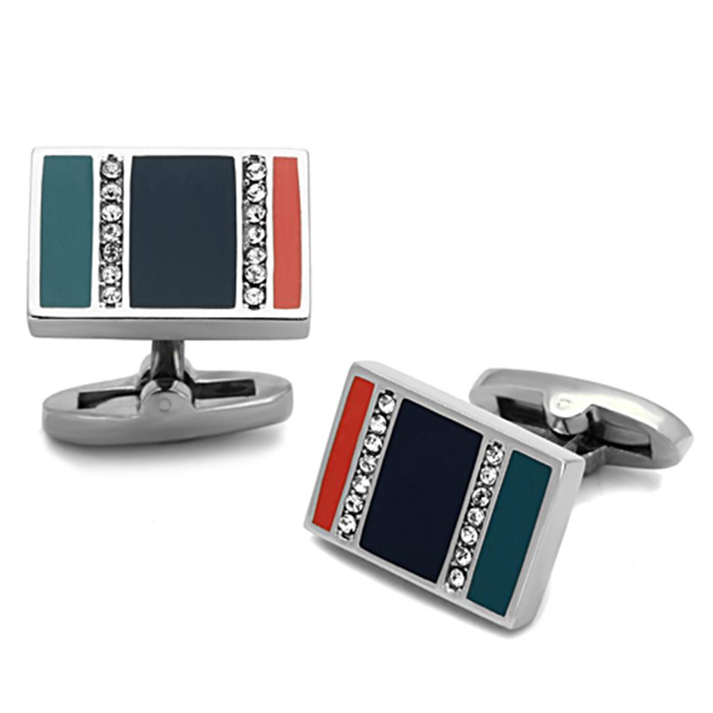 TK1245 - High polished (no plating) Stainless Steel Cufflink with Top Grade Crystal  in Clear-0