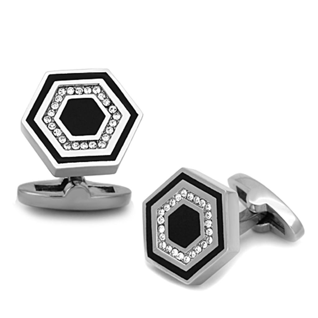 TK1262 - High polished (no plating) Stainless Steel Cufflink with Top Grade Crystal  in Clear-0