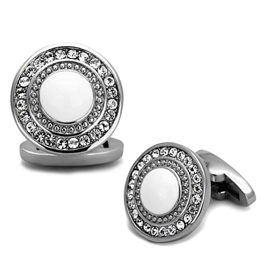 TK1273 - High polished (no plating) Stainless Steel Cufflink with Top Grade Crystal  in Clear-0
