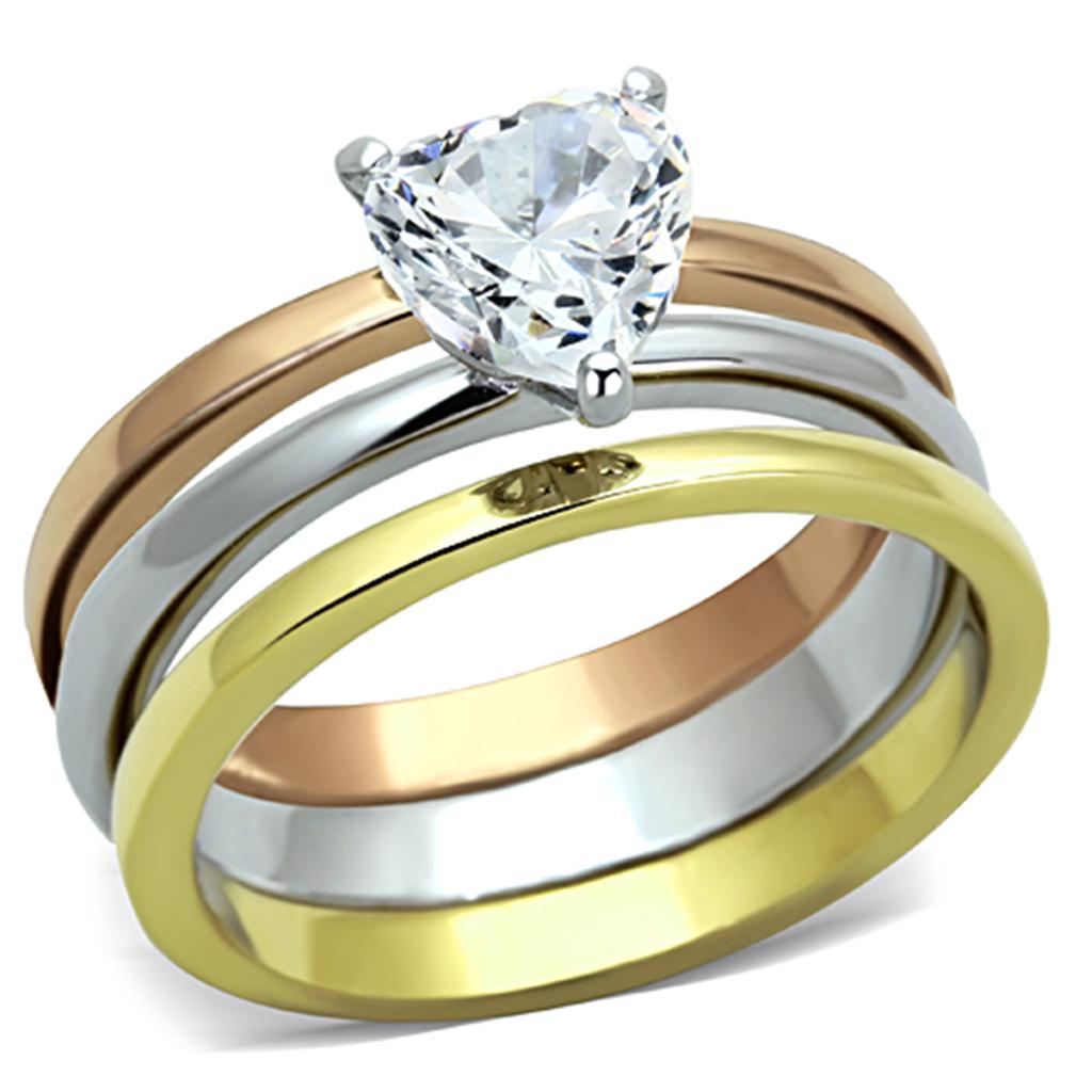 TK1274 - Three Tone (IP Gold & IP Rose Gold & High Polished) Stainless Steel Ring with AAA Grade CZ  in Clear-0