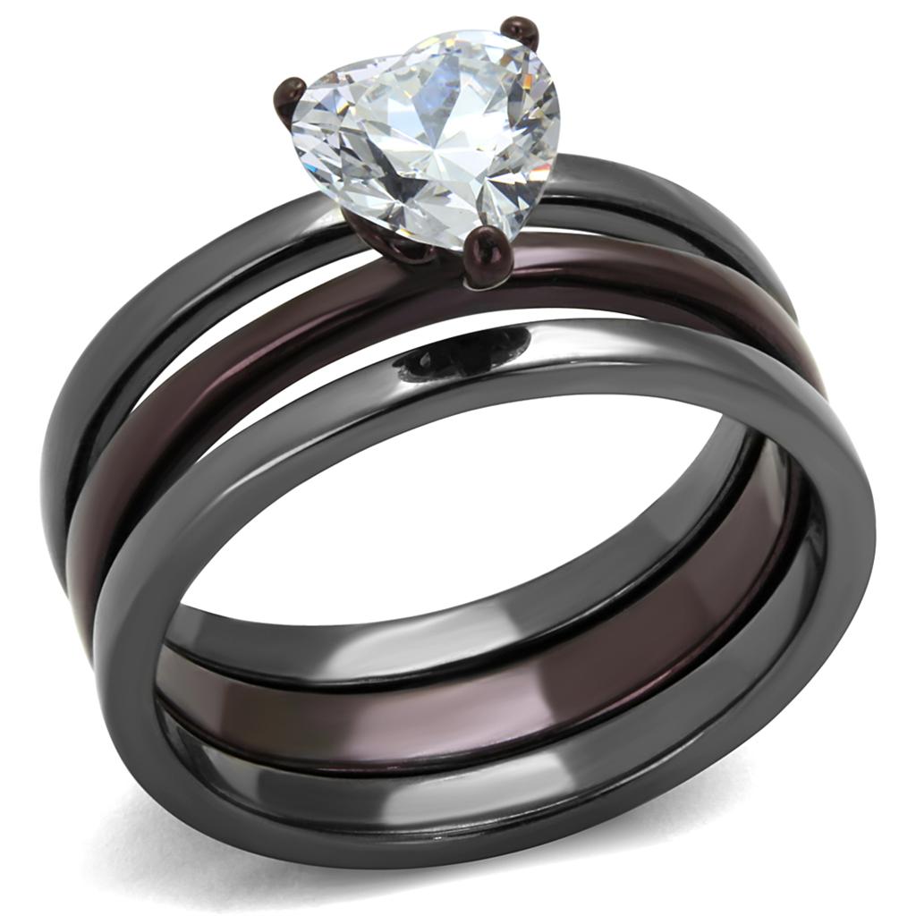 TK1274DC - IP Light Black (IP Gun) & IP Dark Brown (IP coffee) Stainless Steel Ring with AAA Grade CZ  in Clear-0