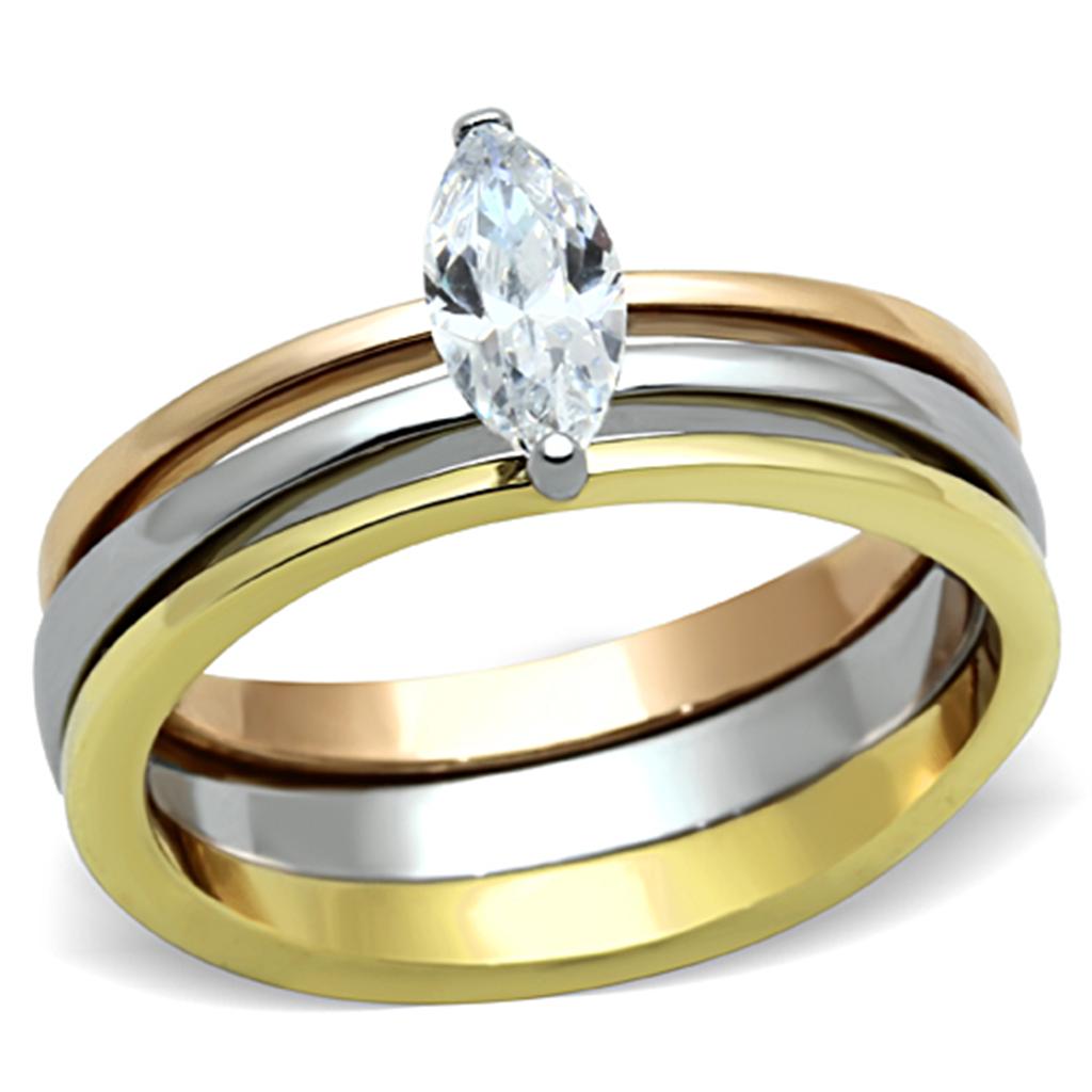 TK1276 - Three Tone (IP Gold & IP Rose Gold & High Polished) Stainless Steel Ring with AAA Grade CZ  in Clear-0
