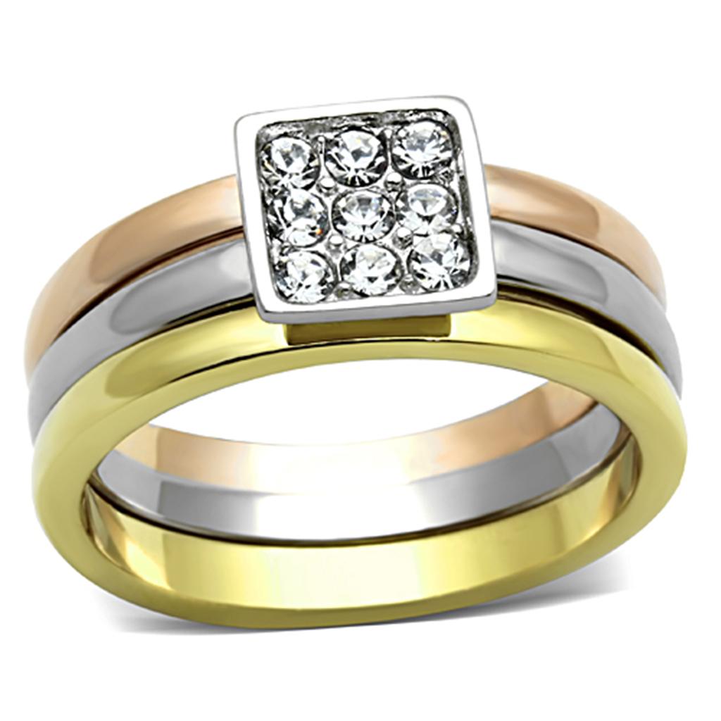 TK1277 - Three Tone (IP Gold & IP Rose Gold & High Polished) Stainless Steel Ring with Top Grade Crystal  in Clear-0