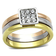 TK1277 - Three Tone (IP Gold & IP Rose Gold & High Polished) Stainless Steel Ring with Top Grade Crystal  in Clear-0