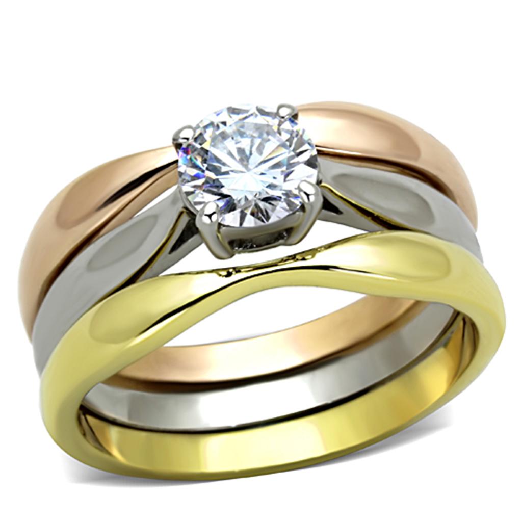 TK1278 - Three Tone (IP Gold & IP Rose Gold & High Polished) Stainless Steel Ring with AAA Grade CZ  in Clear-0