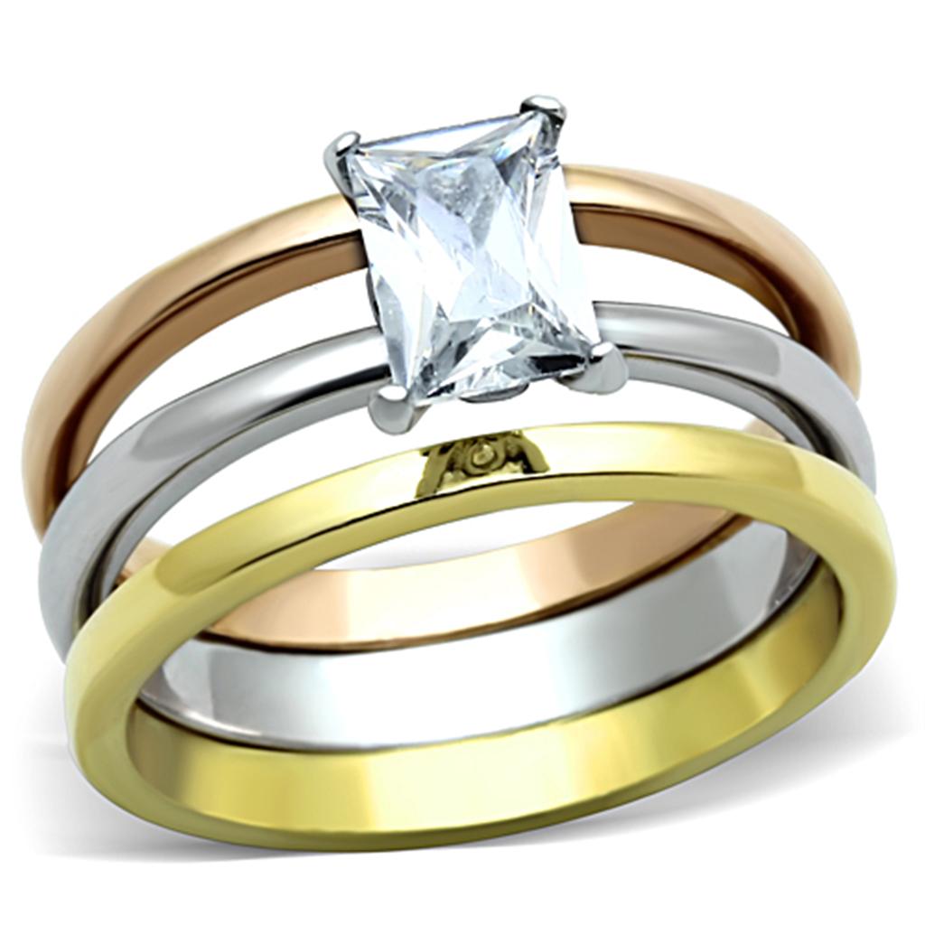 TK1279 - Three Tone (IP Gold & IP Rose Gold & High Polished) Stainless Steel Ring with AAA Grade CZ  in Clear-0